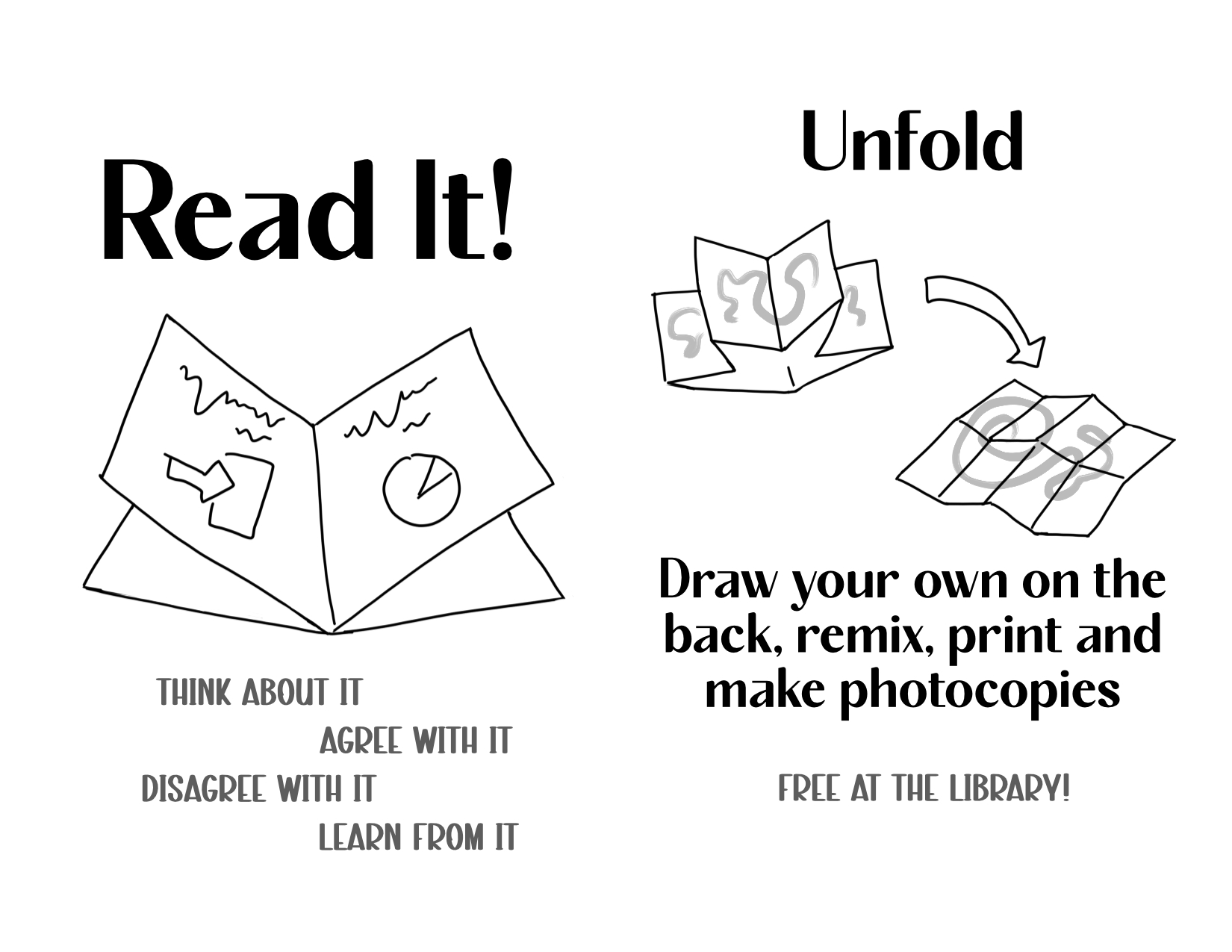 Pg 1: Read It! (Illustration of a open book with diagrams and scribbled text.) Think about it. Agree with it. Disagree with it. Learn from it. Pg 2: Unfold (a slightly unfolded 8-page zine arrow becoming fully unfolded). Draw your own on the back, remix, print and make photocopies. Free at the library!