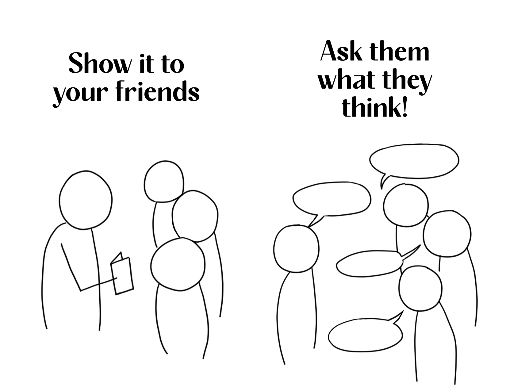 Pg 1: Show it to your friends (one person showing a zine to a group of three). Ask them what they think! (the same people with speech bubbles, discussing.