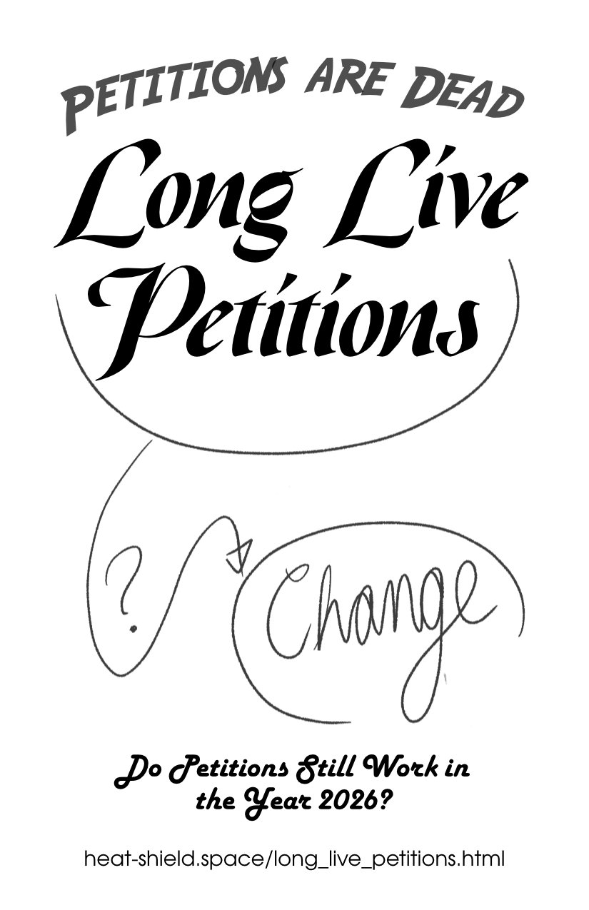Petitions are Dead - Long Live Petitions. Do Petitions Still Work in the Year 2026? heat-shield.space/long_live_petitions.html - illustrated with an arrow from the word Petitions to a wavy question mark to an encircled cursive "Change"