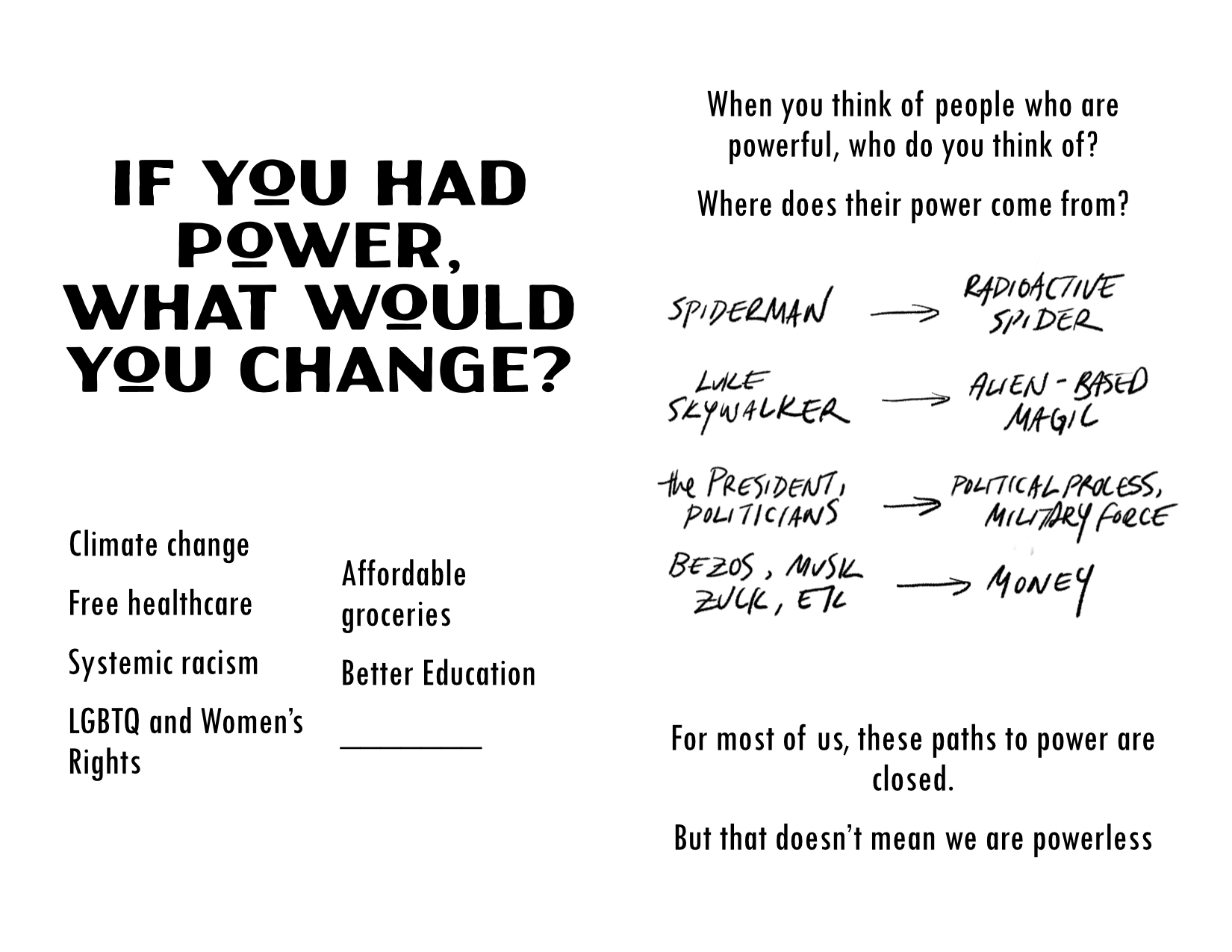 Left page: If you had power, what would you change? Climate change, Free healthcare, Systemic racism, LGBTQ and Women's rights, Affordable groceries, Better education, [fill in the blank]. Right page: When you think of powerful people, who do you think of? Where does their power come from?  Spiderman -> radioactive spider; Luke Skywalker -> Alien based magic; the President, Politicians -> Political process, Military force; Bezos, Musk, Zuck, etc -> Money. For most of us, these paths of power are closed. But that doesn't mean we are powerless.