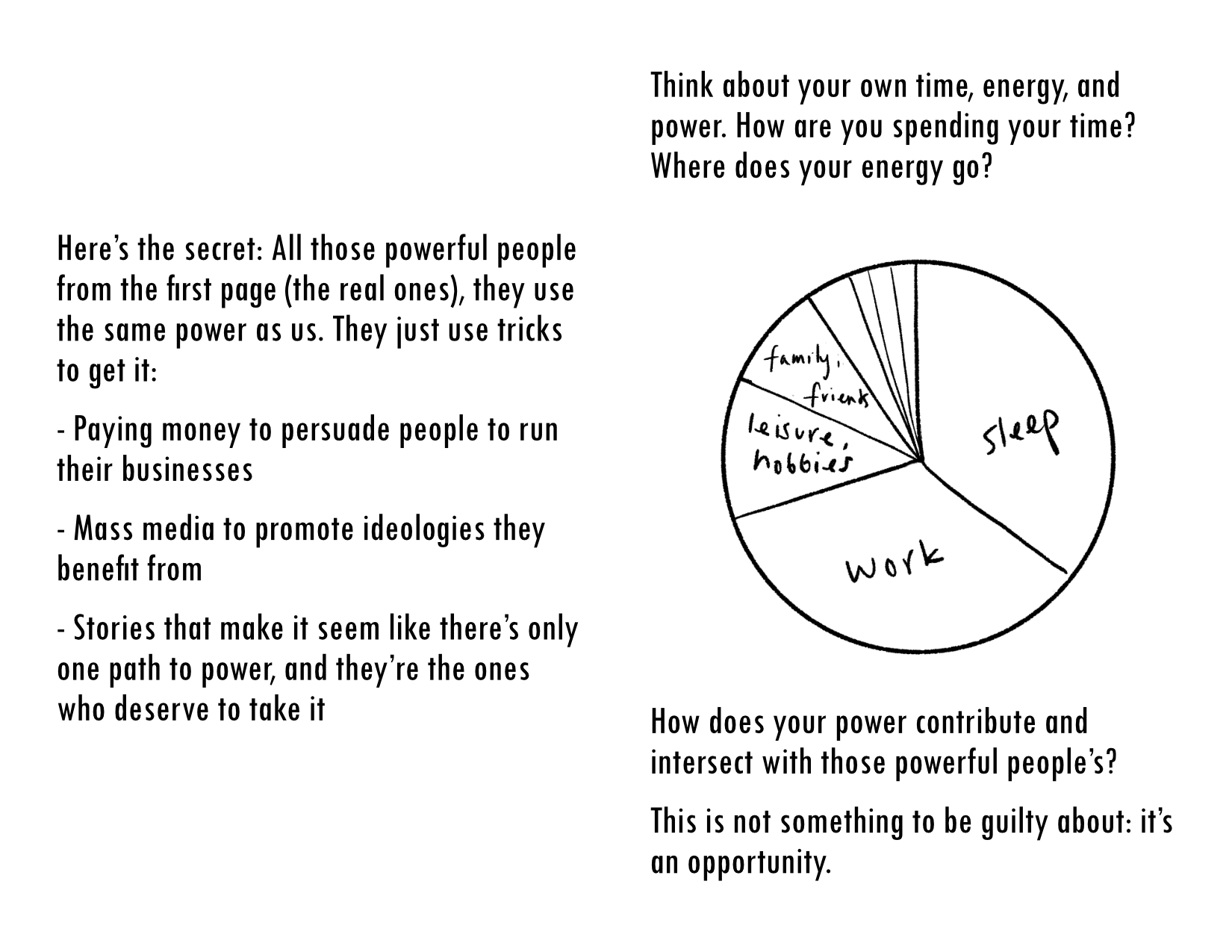 Left page: Here's the secret: All those powerful people on the first page (the real ones), they use the same power as us. They just use tricks to get it. - Paying money people to run their businesses - Mass media to promote ideologies they benefit from - Stories that make it seem like there's only one path to power, and they're the only ones who deserve to have it. Right page: Think about your own time, energy, and power. How are you spending your time?  Where does your energy go? (Pie chart, broken down to sleep, work, leisure, family friends, etc) How does your power contribute and intersect to these powerful people's? This is not something to be guilty about: it's an opportunity.