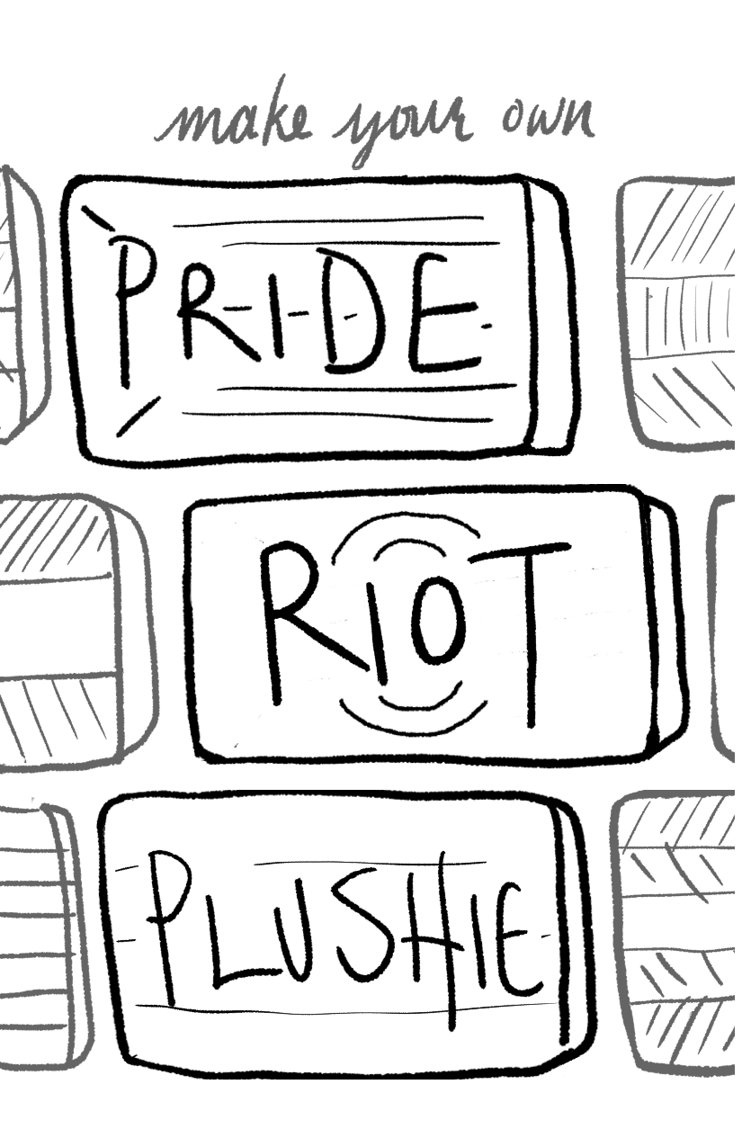 PRIDE BRICK PLUSH. The words each written on rounded rectangles in the aspect ratio of a brick.