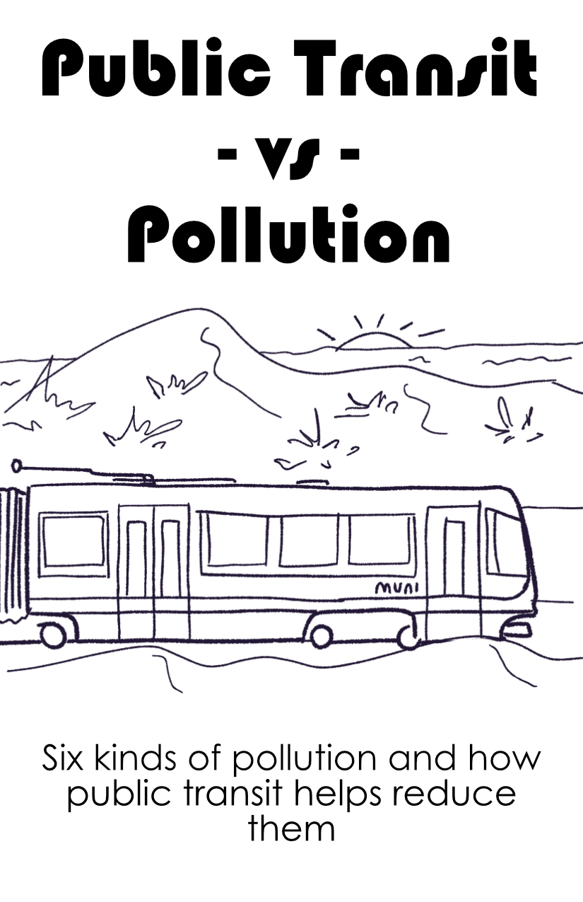 Title: Transit vs Pollution. Six kinds of pollution and how public transit helps reduce them. Art of a San Francisco Muni tram driving between grassy sand dunes and the ocean in the background. The drawing is simple with hand-drawn lines.